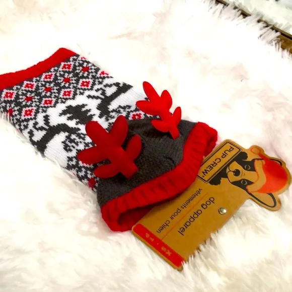 New Pup Crew reindeer knit dog sweater with antler hood.  Size XS.  Cute! - Picture 2 of 12